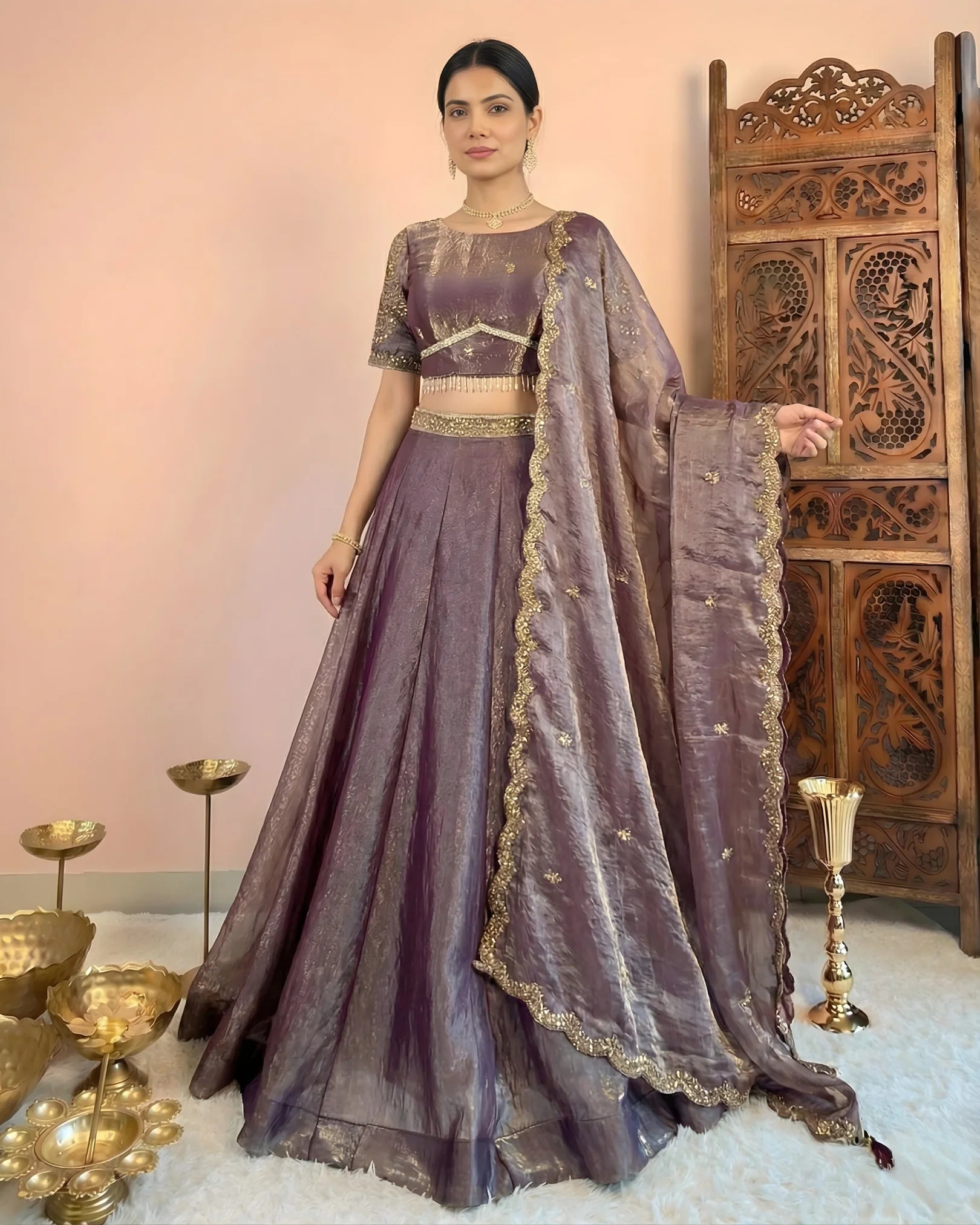 Purple Glass-Tissue Zari-Embroidery Lehenga, Blouse & Dupatta Set.
