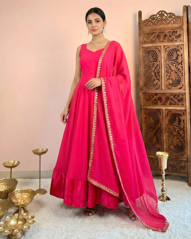 Hot Pink Georgette Velvet Anarkali Set - view 1