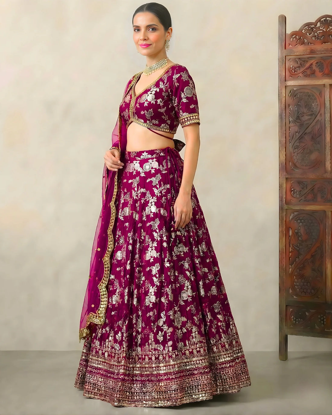 Wine Banarasi Brocade Pleated Lehenga Set - view 4