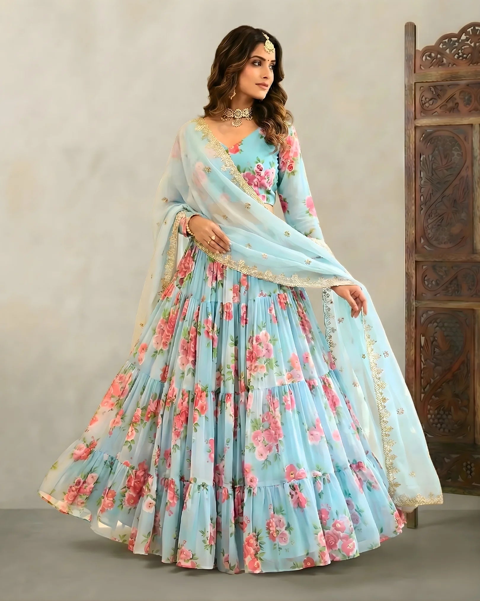 Sky-Blue Floral-Printed Multi-Layer Pleated Lehenga Blouse & Dupatta Set.