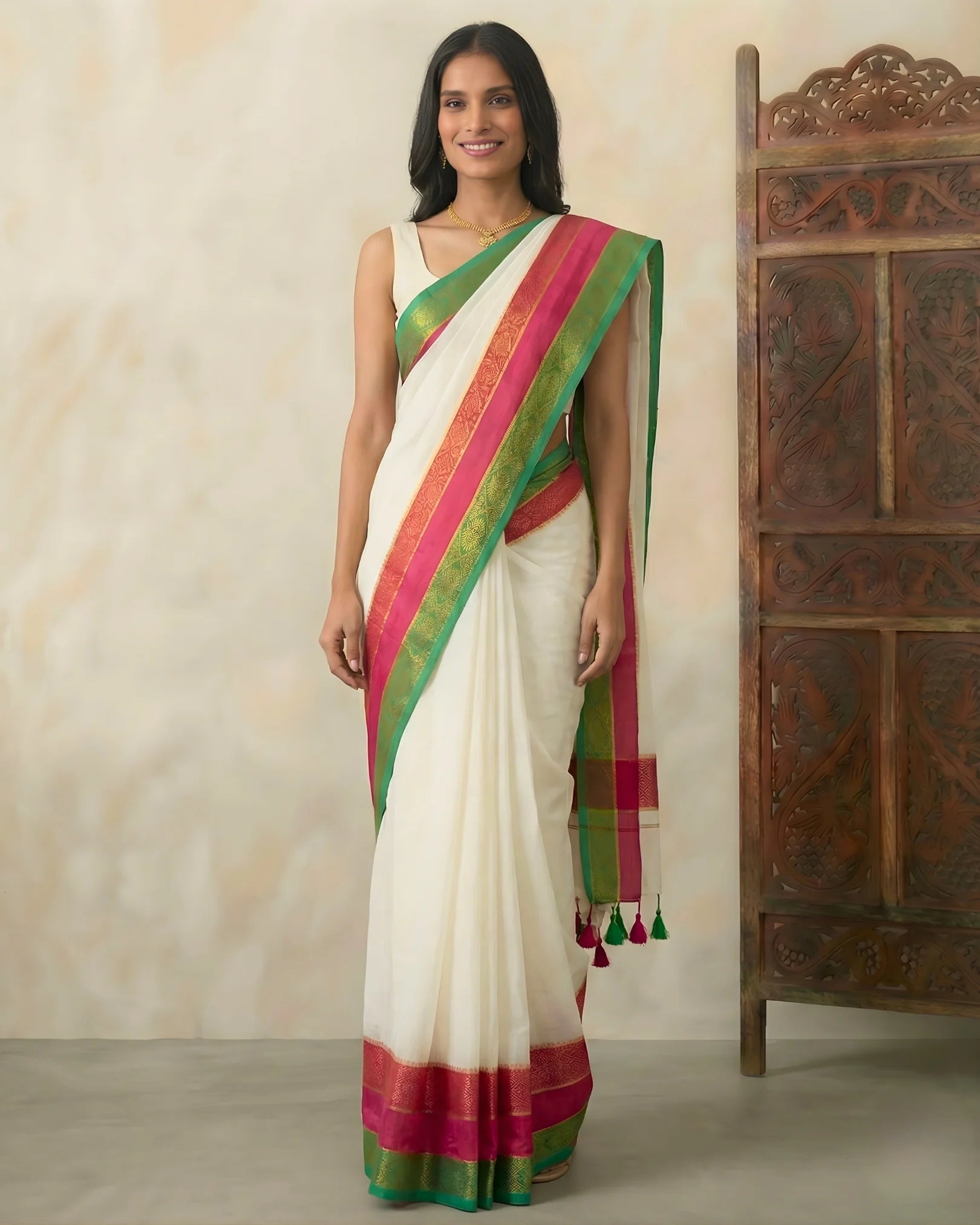 White-Green Pure-Cotton Zari-Woven-Border Bengal-Saree