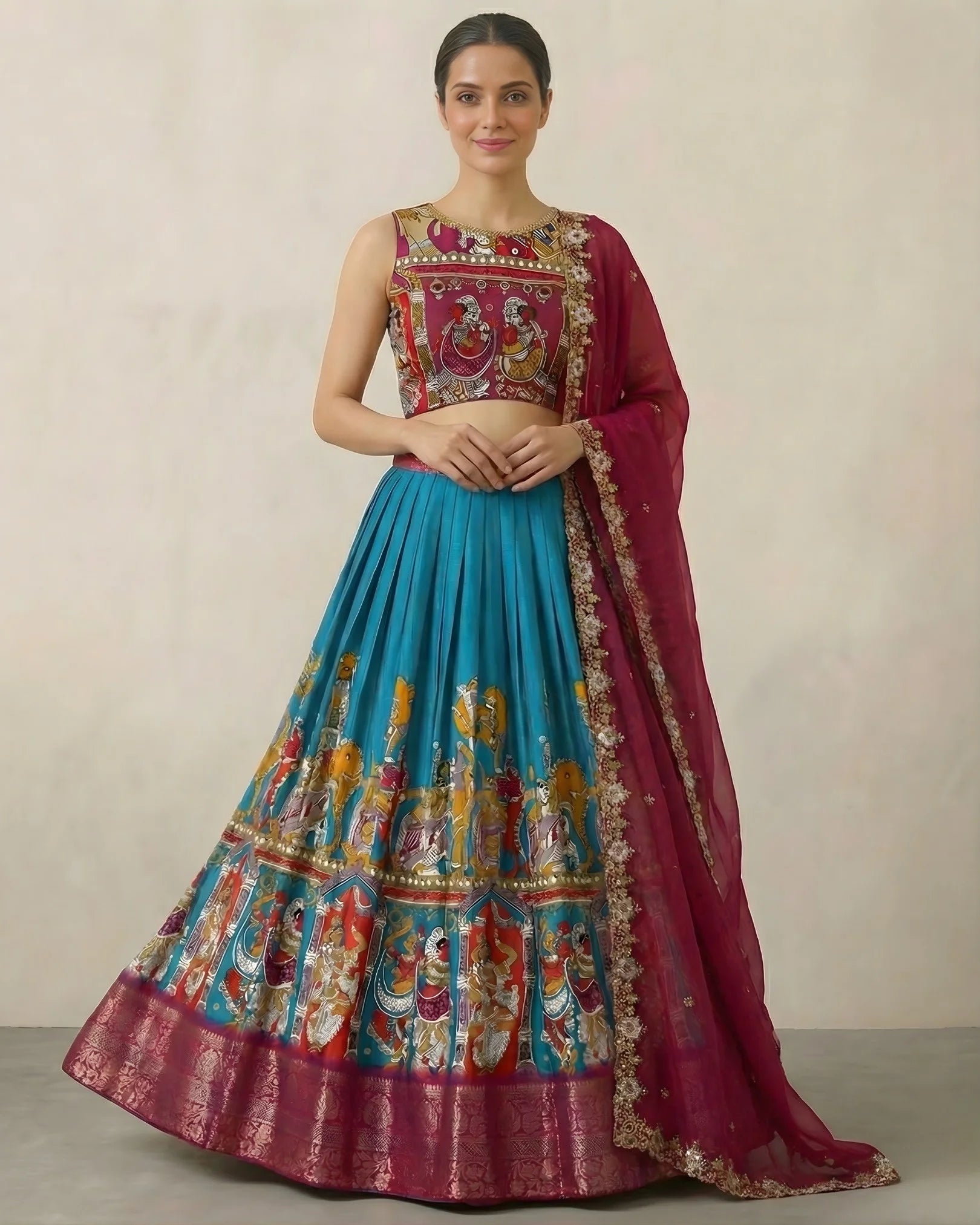 Teal-Blue Synthetic-Silk Digital-Kalamkari-Print Lehenga, Blouse & Dupatta Set.