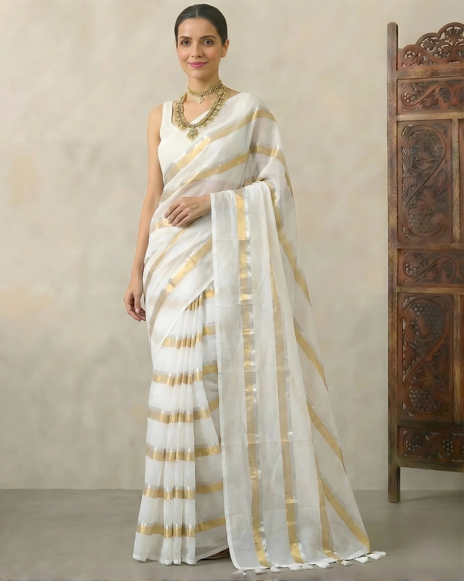 White Pure-Cotton Silver/Gold Zari-Striped Handloom Bengal-Saree