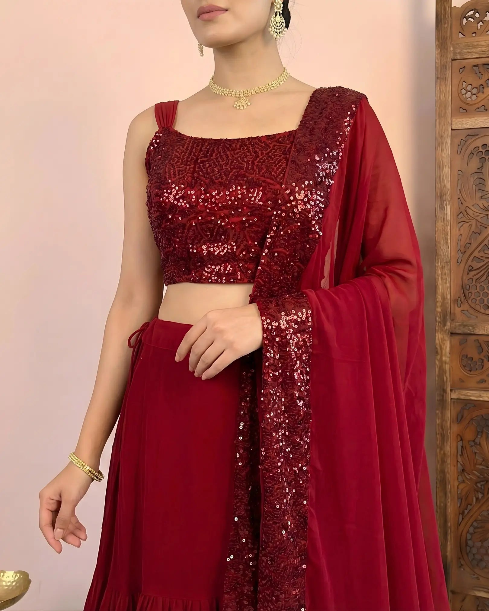 Maroon Georgette Sequin-Embroidery Double-Layer Lehenga, Blouse & Dupatta Set.