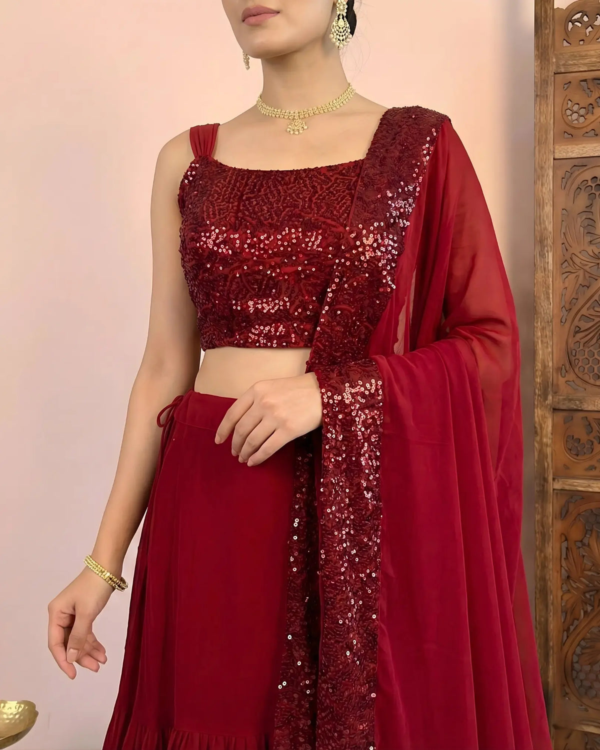 Maroon Georgette Sequin Layered Lehenga Set - view 2