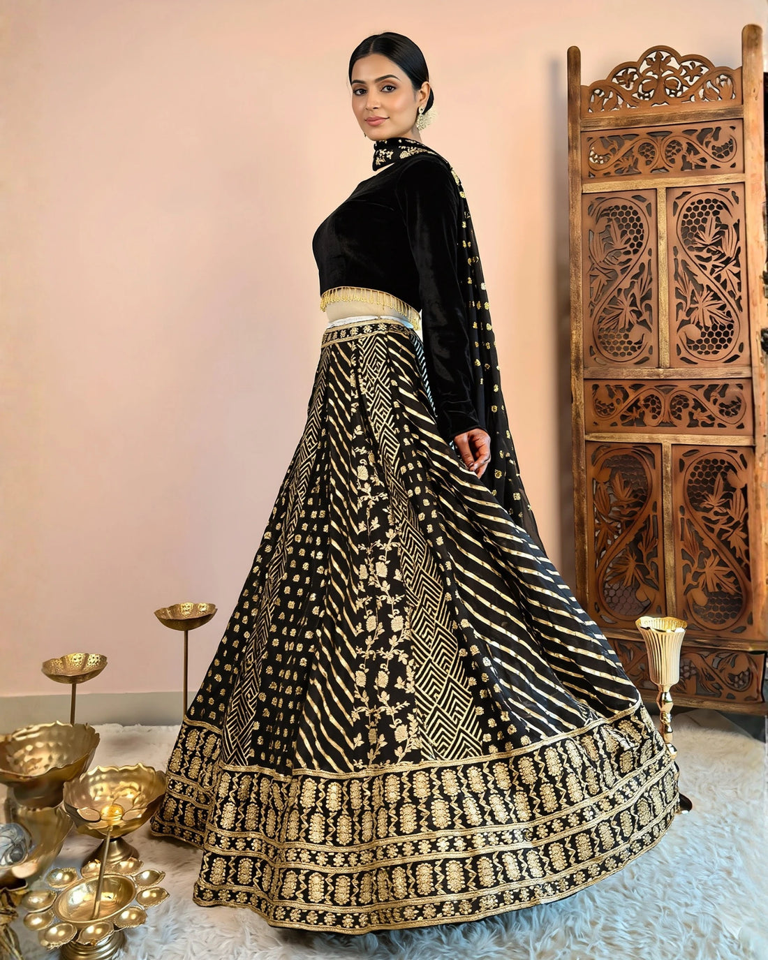 Black Brocade Mirror Work Lehenga Set - view 1