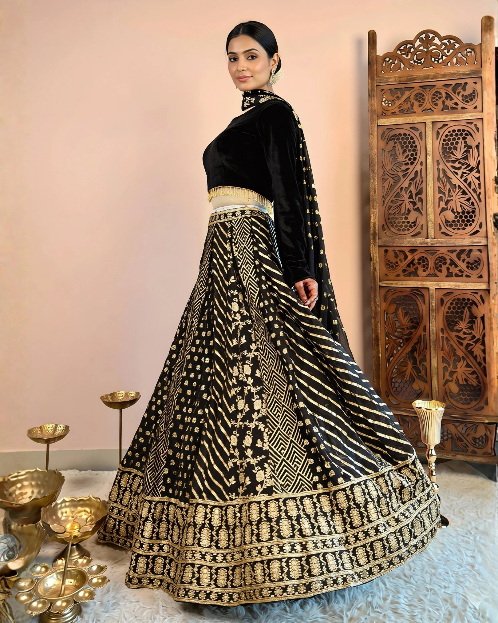 Black Banarasi-Brocade Faux-Mirror-Embroidery Box-Pleated Lehenga, Velvet Blouse & Dupatta Set.