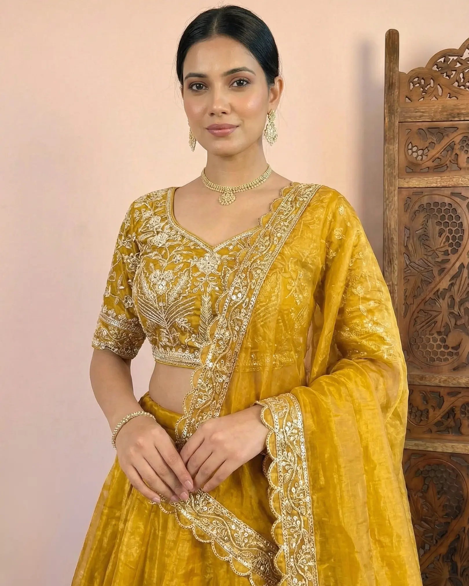 Yellow-Gold Tissue Embroidered Lehenga, Blouse & Dupatta Set.