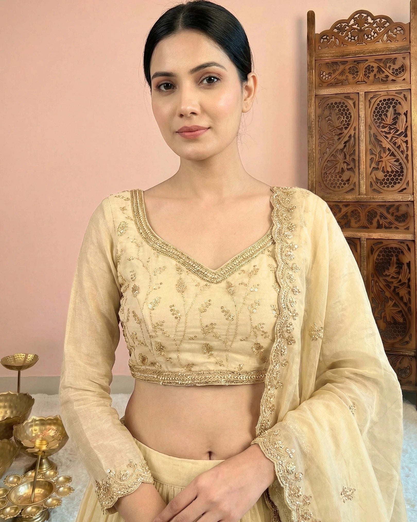 Cream Tissue-Silk Cutdana-Pearl-Embroidery Lehenga, Blouse & Dupatta Set.