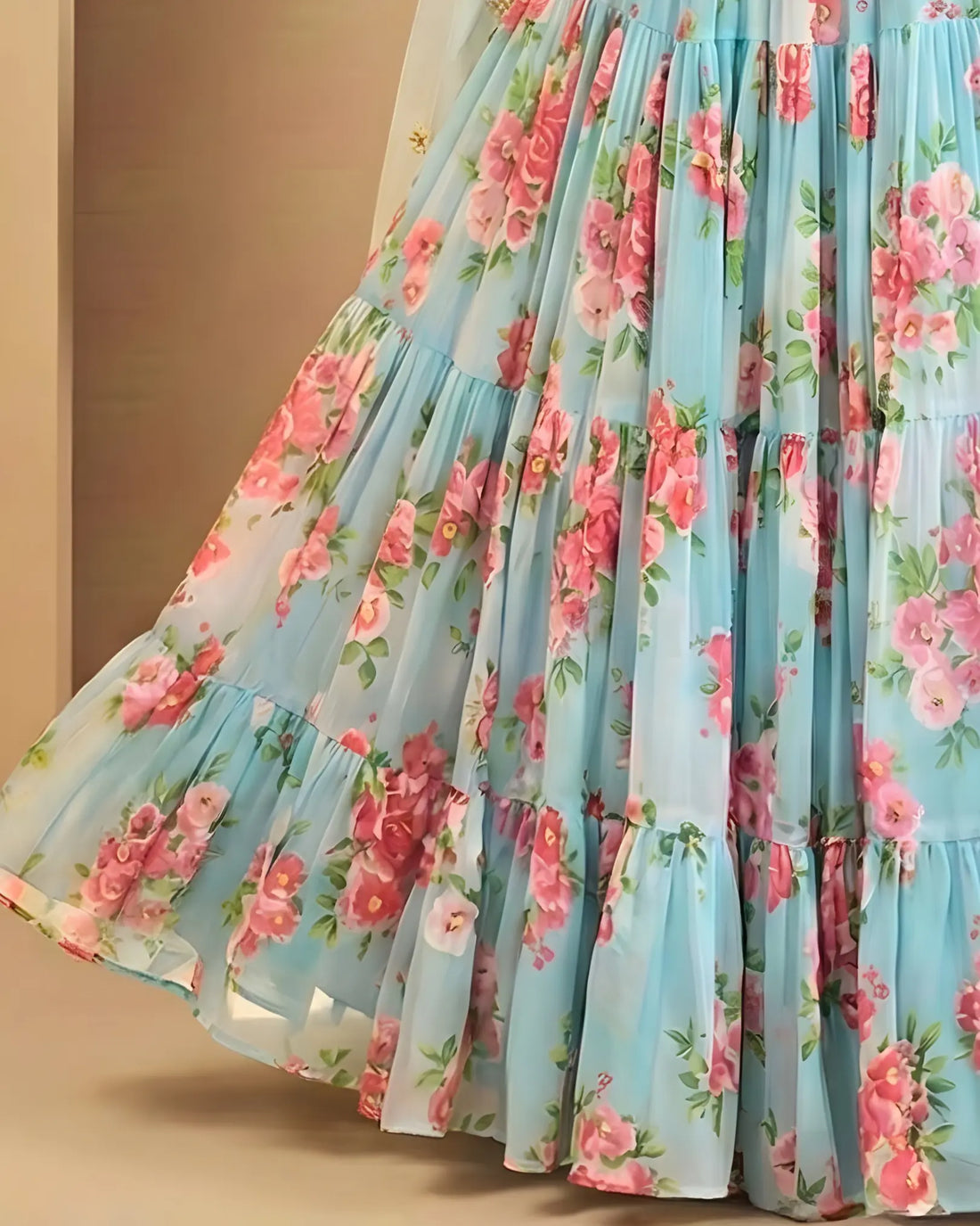 Sky Blue Floral Print Pleated Lehenga Set - view 4