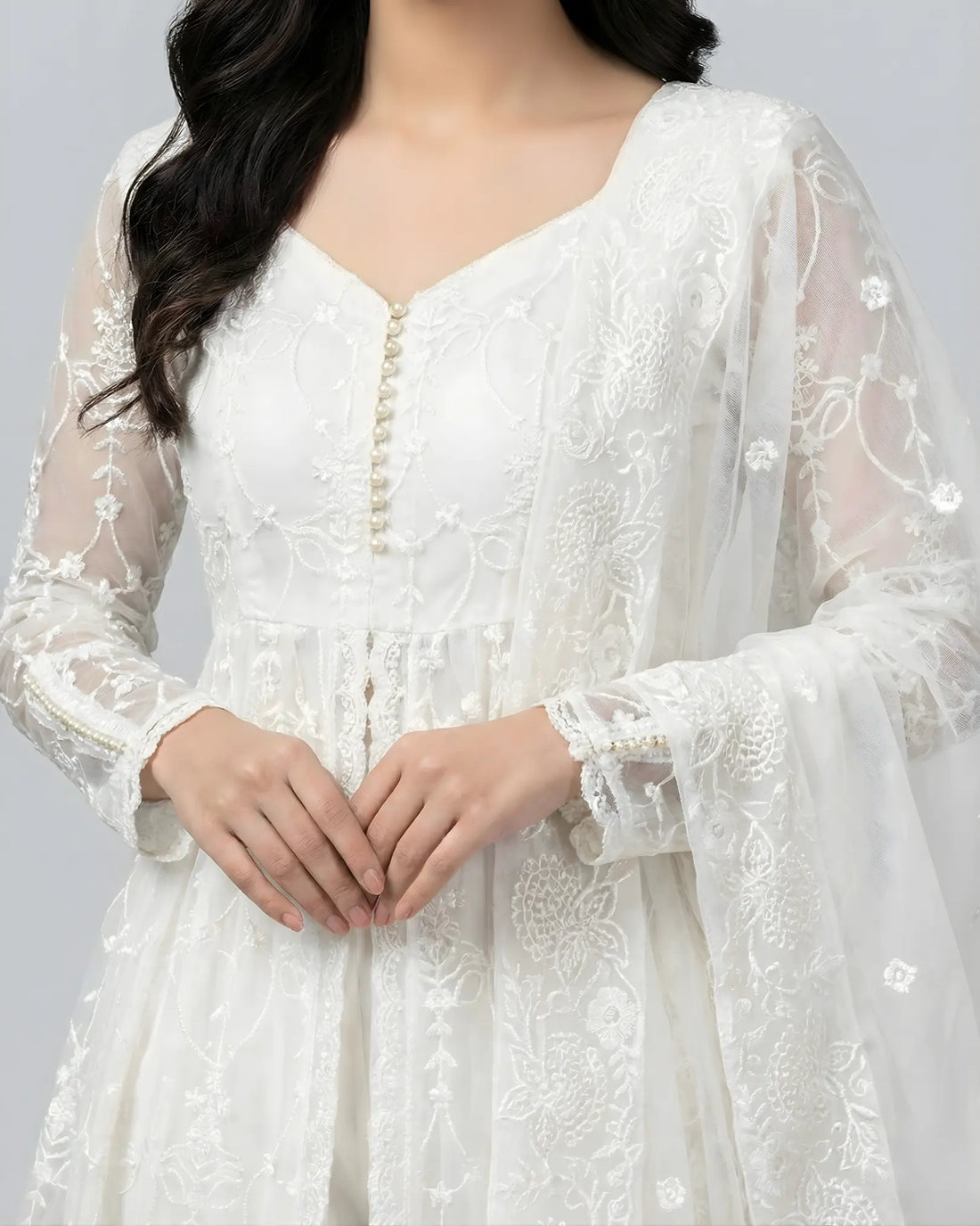 Pure White Thread Work Anarkali Pants Set - view 2
