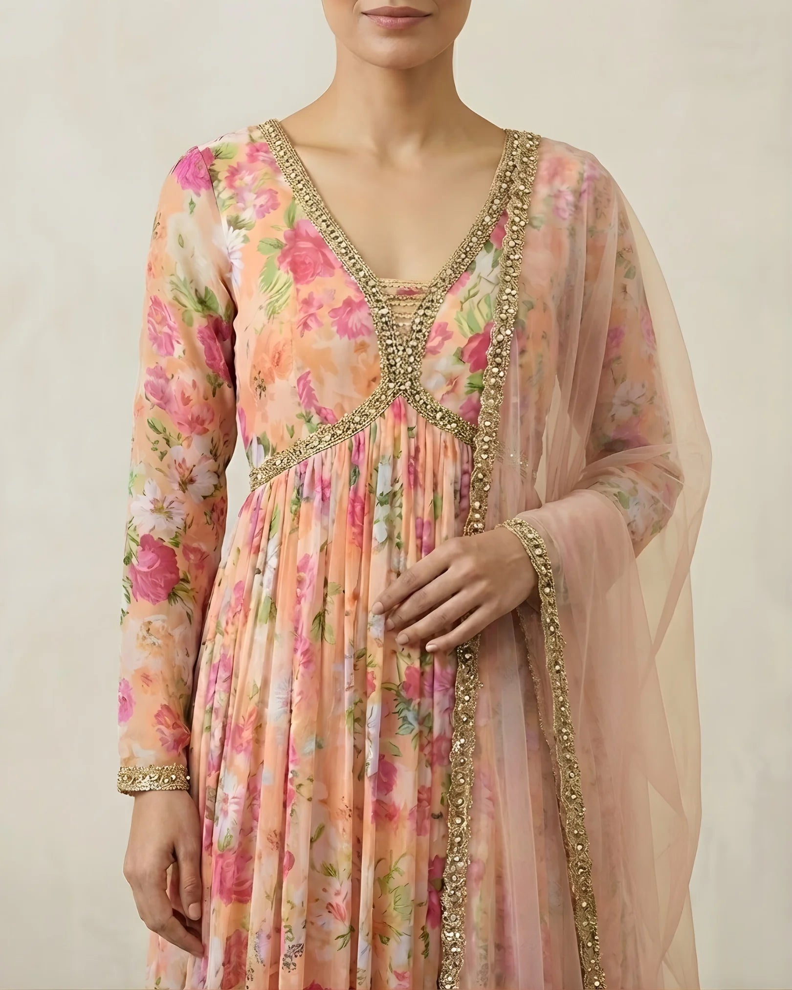 Pastel-Peach Floral-Print Georgette Dress-Style Anarkali & Dupatta Set.