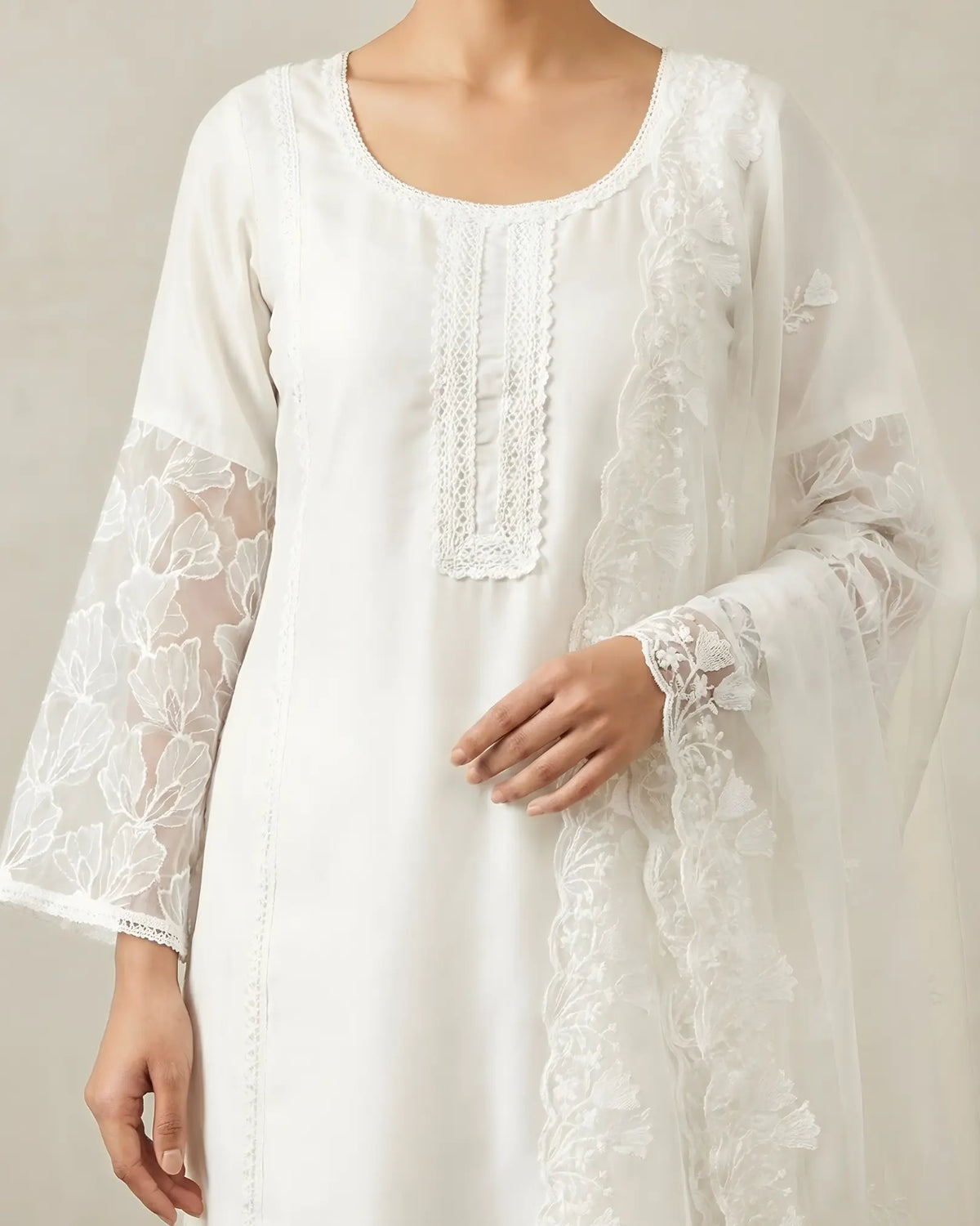 White Silk Crochet Lace Kurti Pants Set - view 2