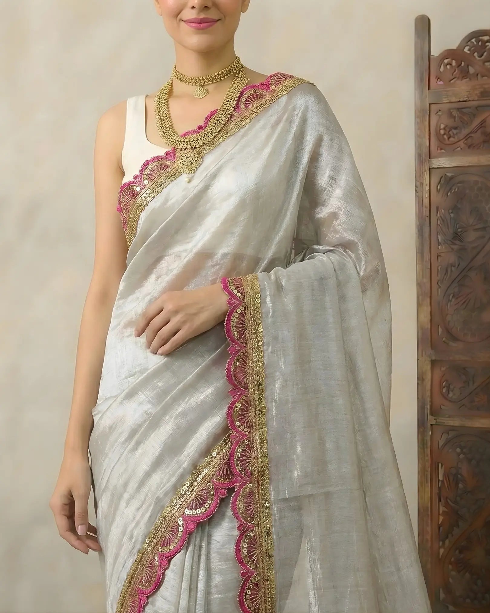 Greyish-Silver Cotton-Tissue Fancy-Border Handloom Bengal-Saree