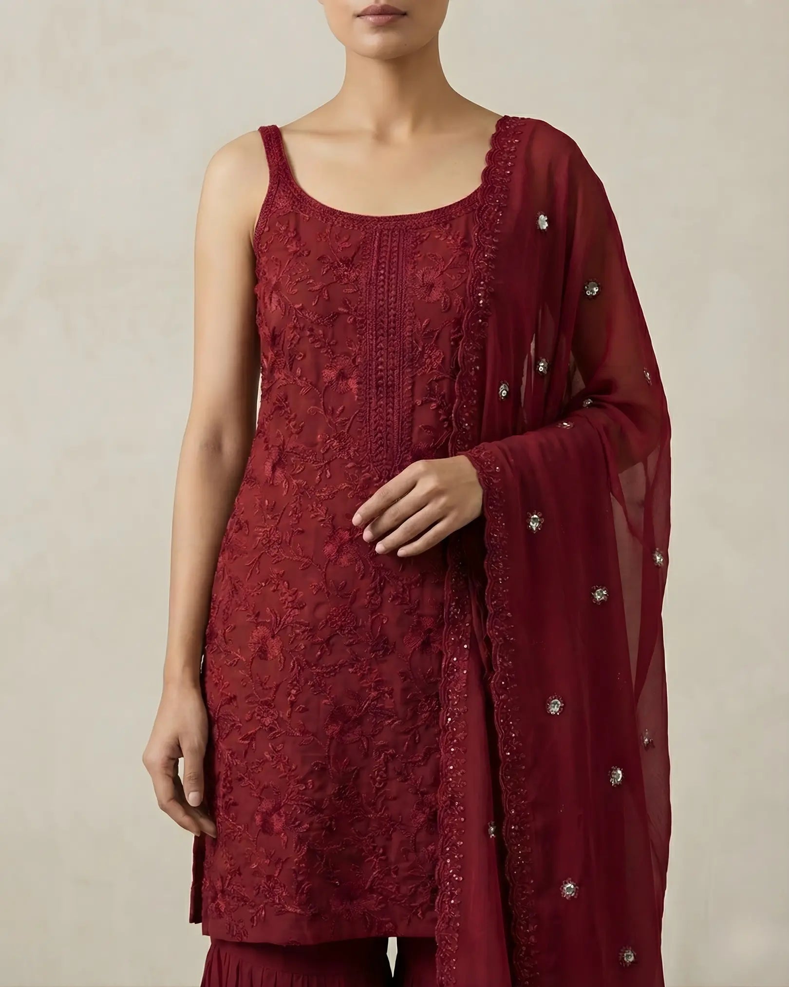 Maroon Georgette Thread-Self-Embroidery Kurti Gharara Pants & Dupatta Set.