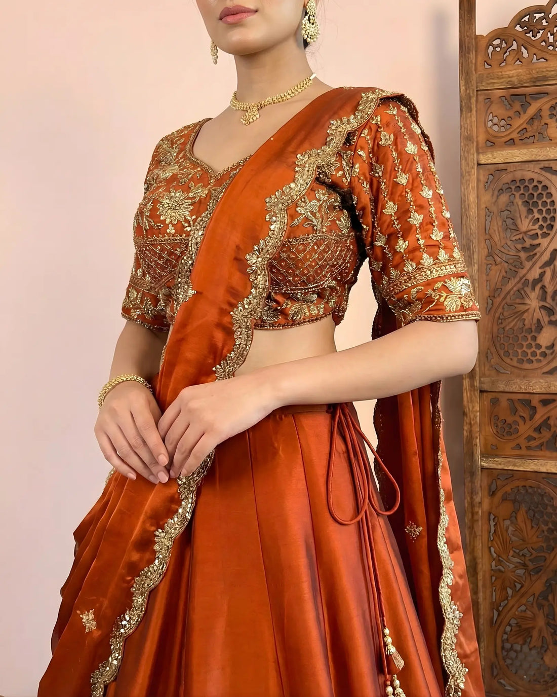 Burnt Orange Tissue Zari Kalidaar Lehenga Set - view 2