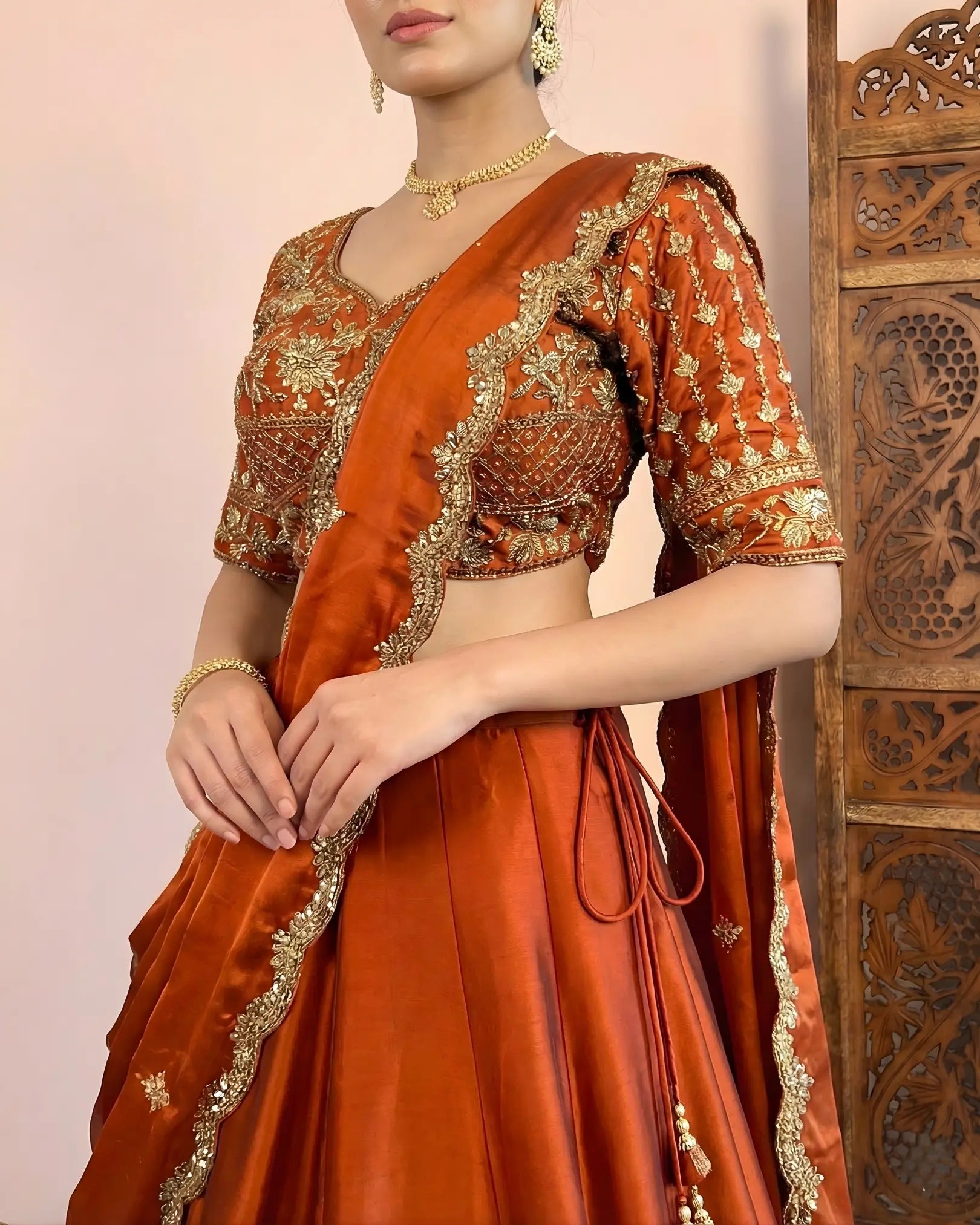 Burnt-Orange Soft-Tissue Zari-Embroidery Kalidaar-Lehenga, Blouse & Dupatta Set.