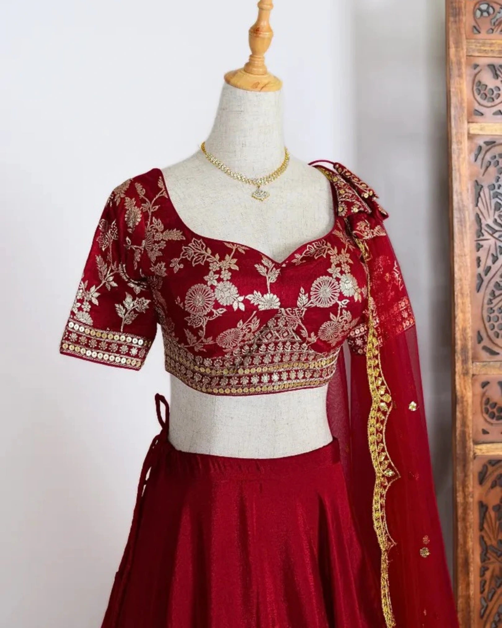 Blood-Red Synthetic-Silk Zari-Brocade-Stonework Double-Layer Lehenga, Blouse & Dupatta Set.