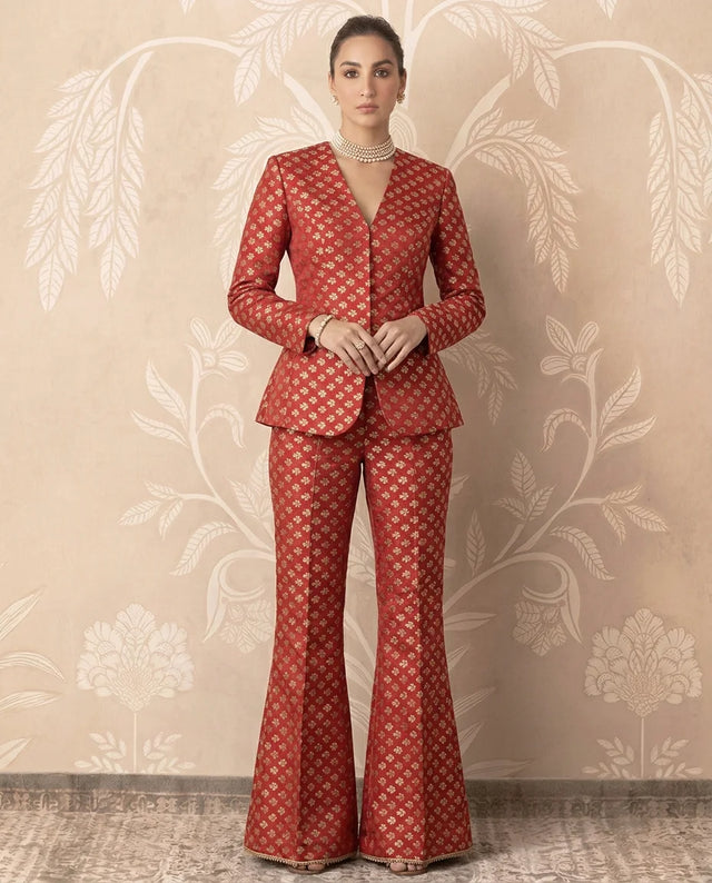 Red Banarasi Brocade Blazer Pants Set - view 1