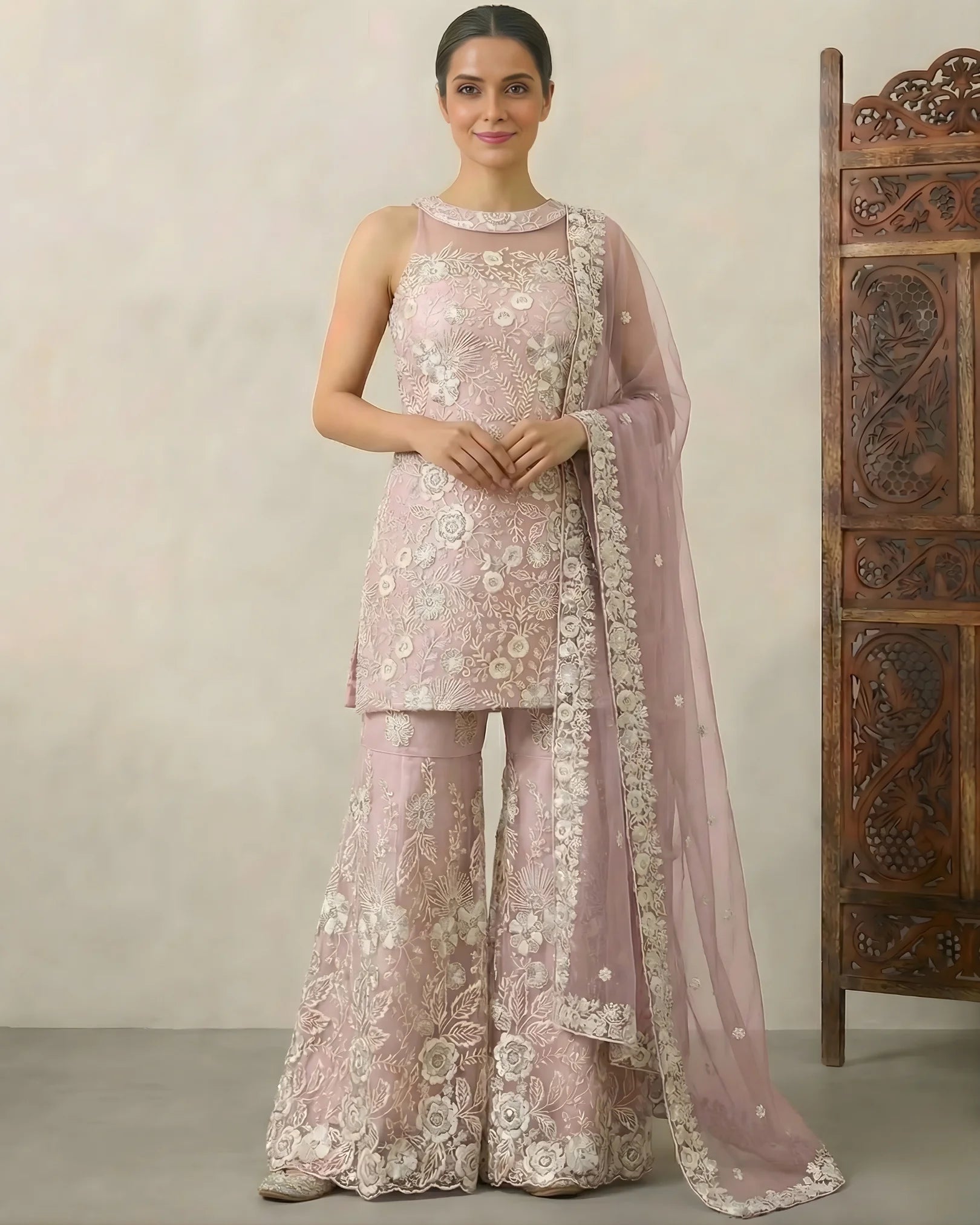 Baby-Pink Thread-Sequin-Embroidery Halter-Neck Kurti Sharara Pants & Dupatta Set.