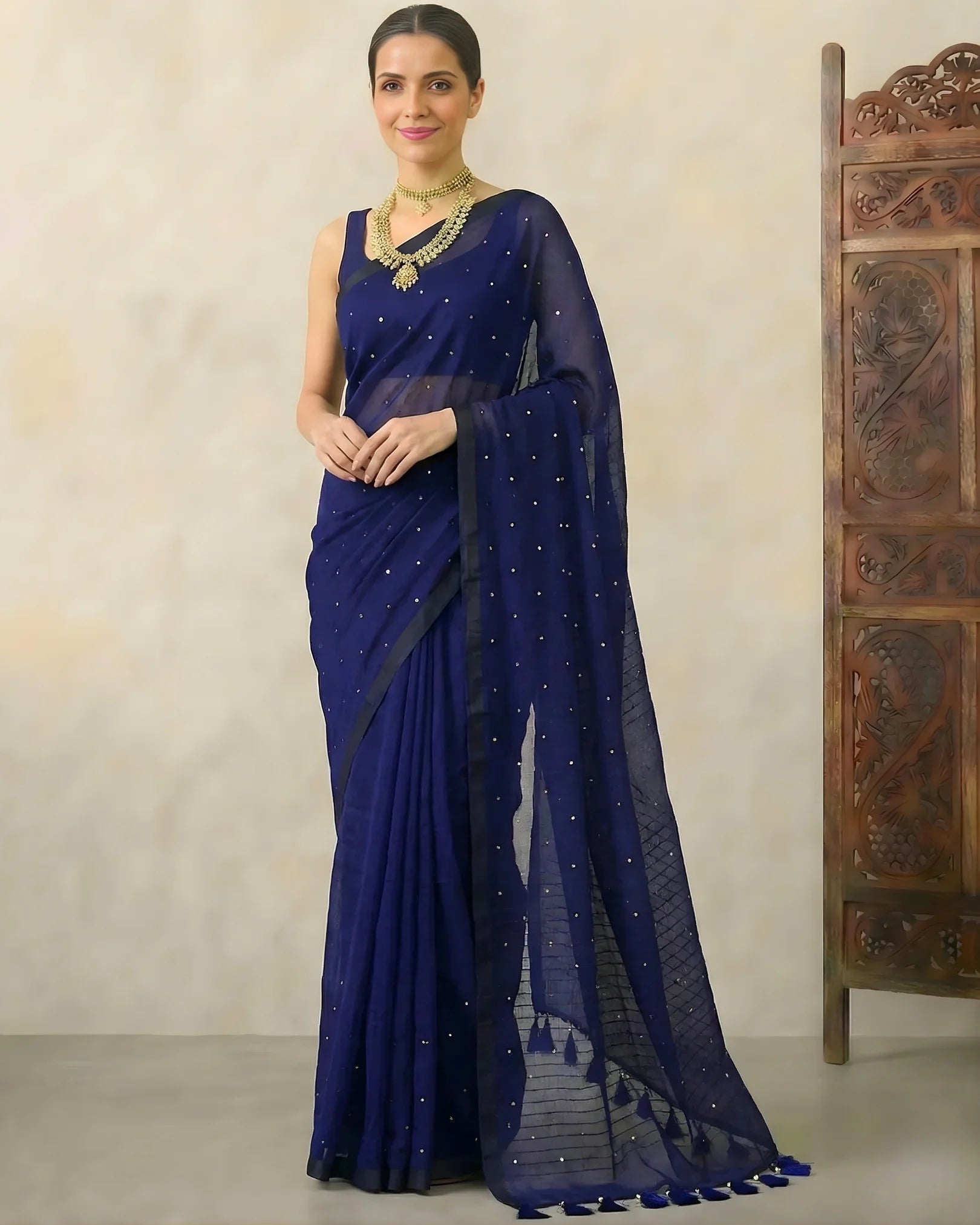 Navy-Blue Pure-Cotton Sequin-Stitched Handloom Bengal-Saree