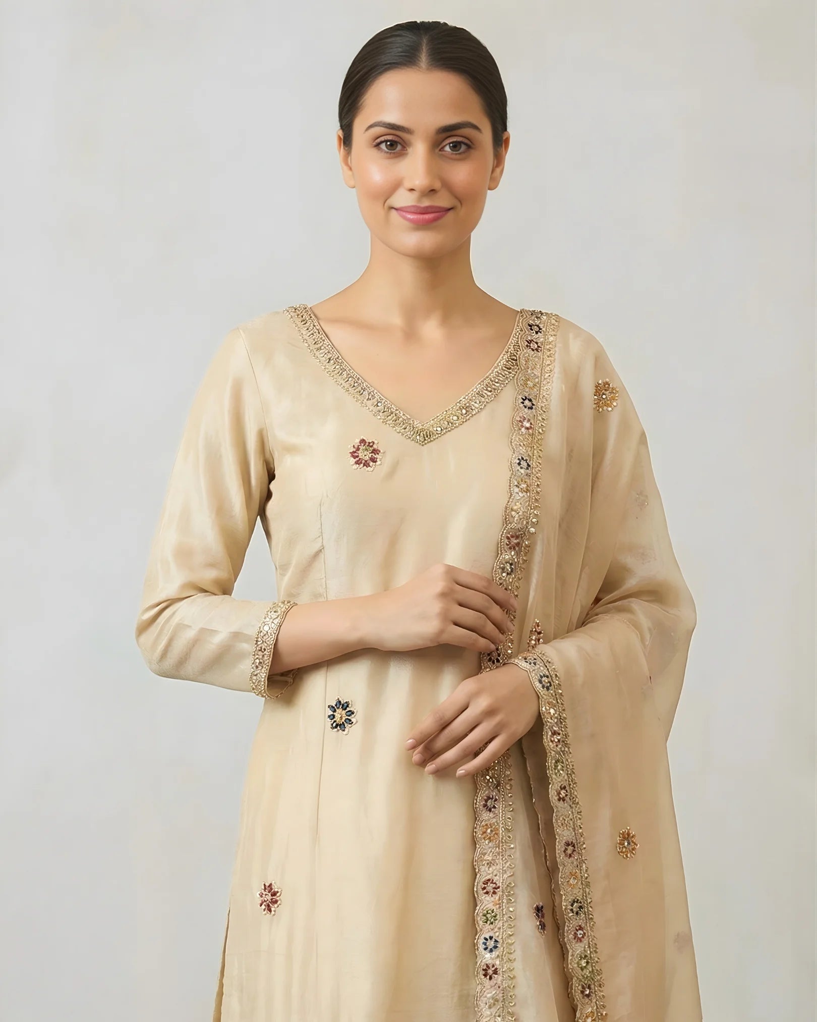 Cream Tissue-Silk Handwork-Embroidered Kurti Suit , Sharara & Dupatta Set.