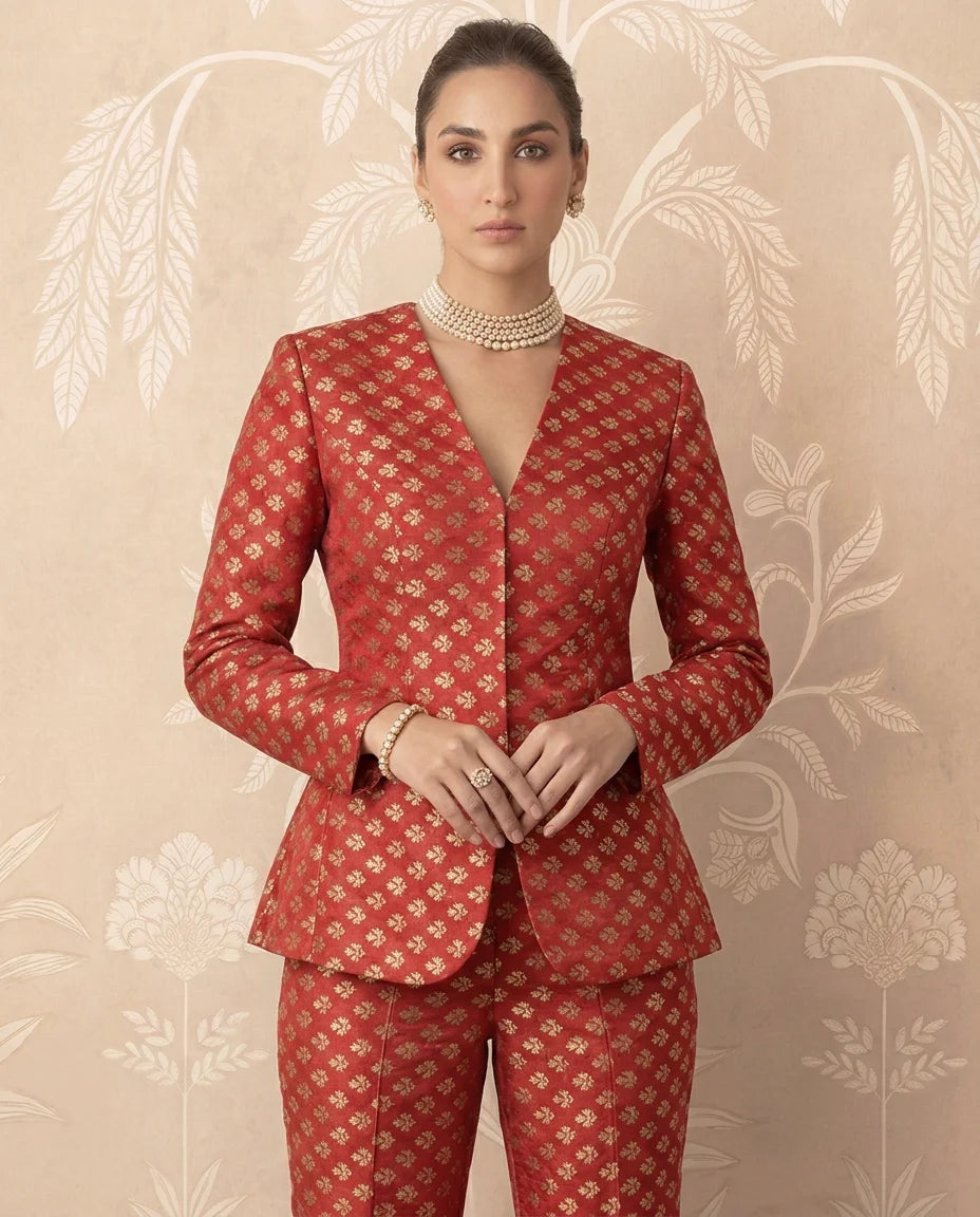 Red Banarasi Brocade Blazer Pants Set - view 2