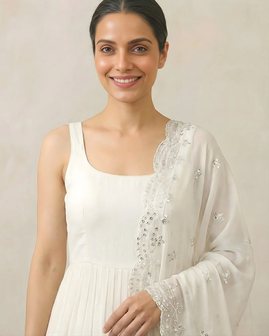 White Georgette Tiered Anarkali Pants Set - view 4