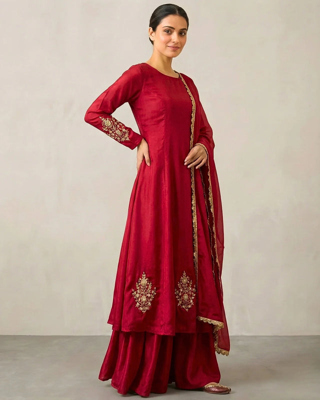 Red Crepe Silk Patchwork Gharara Suit Set - view 1
