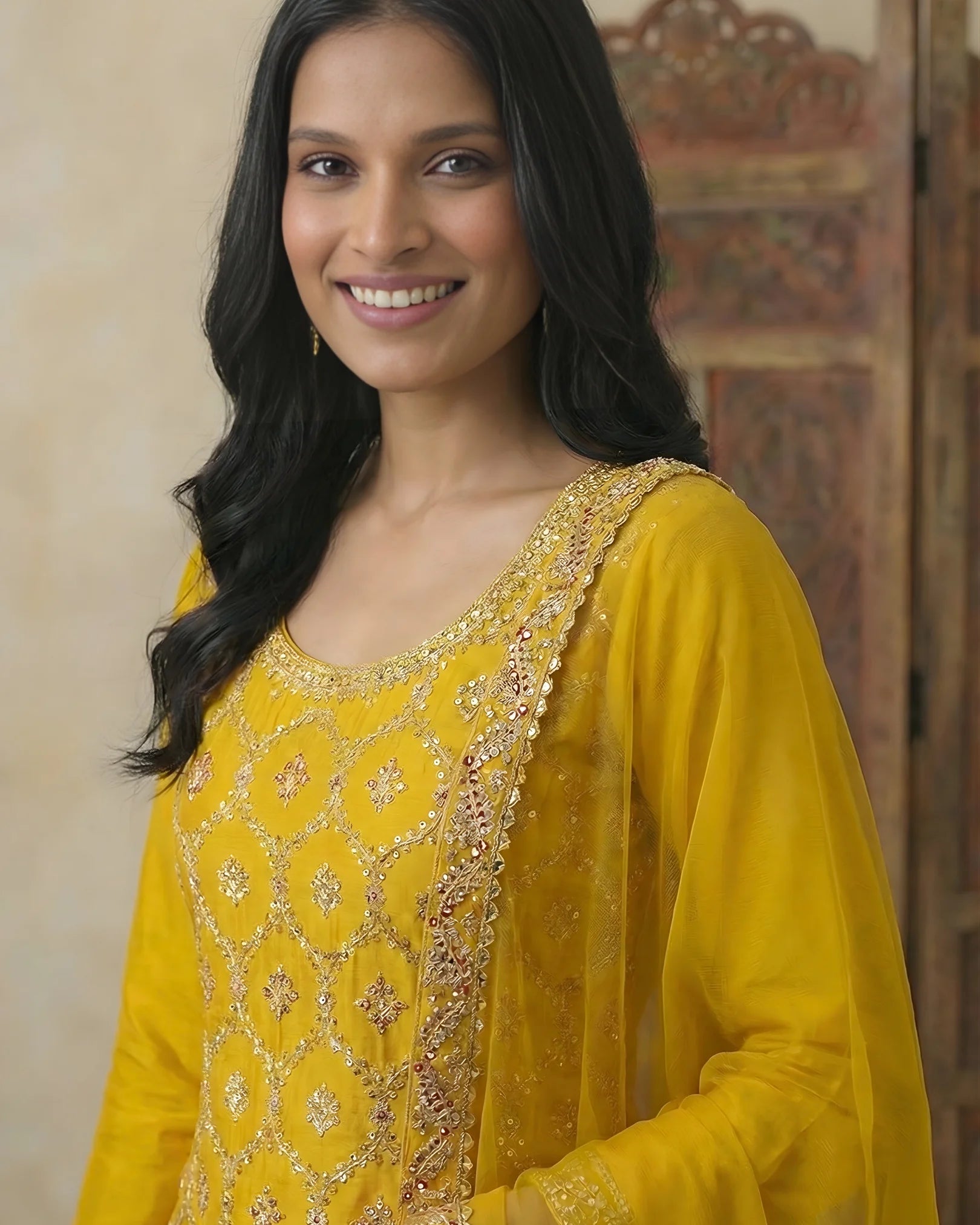 Mustard-Yellow Zari Embroidery Chinnon Kurti Top, Gharara and Dupatta Set.
