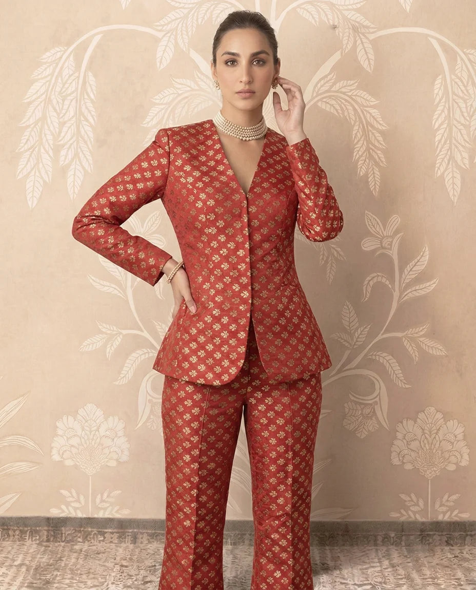 Red Banarasi Brocade Blazer Pants Set - view 3