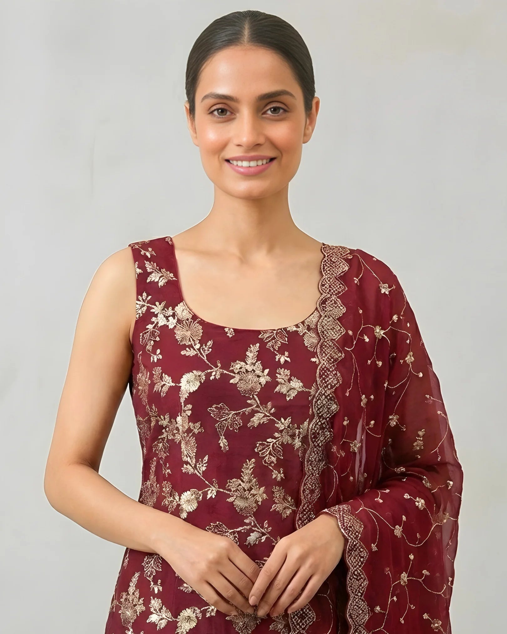 Maroon Banarasi-Brocade Sequin-Embroidery Long-Kurti-Top , Pants & Dupatta Set.