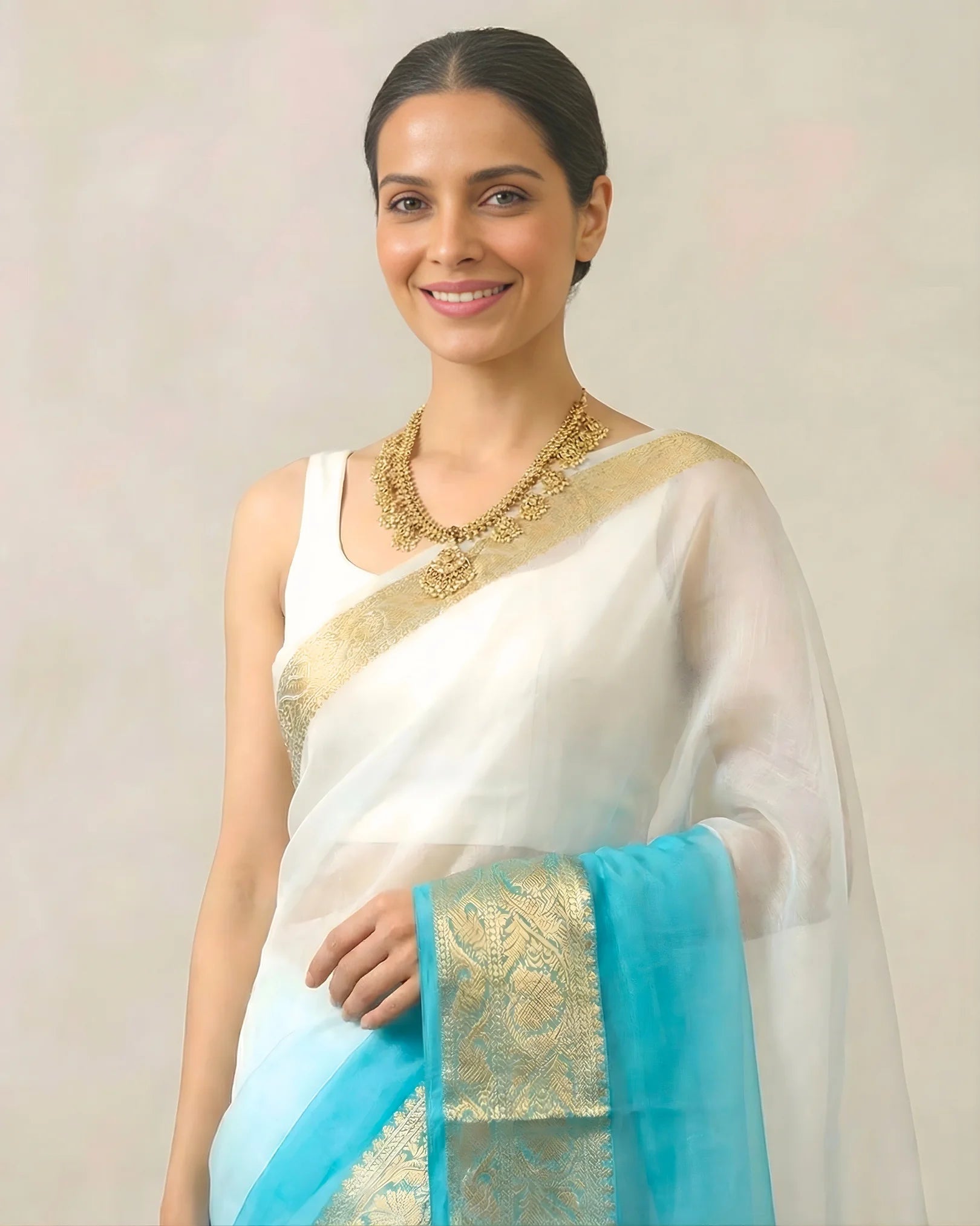 White-Blue-Ombre Organza Zari-Border Banarasi-Saree
