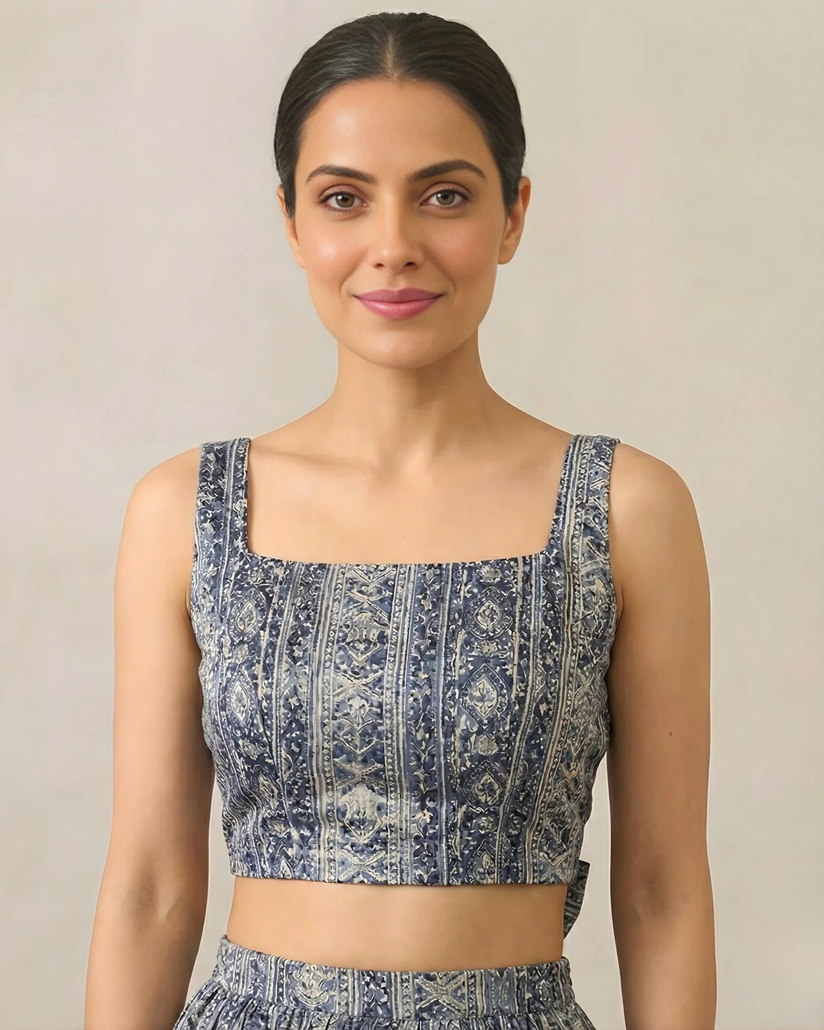 Blue Muslin-Zari Digital-Aztec-Print Multi-Layer Lehenga-Skirt & Crop-Top-Blouse Set.