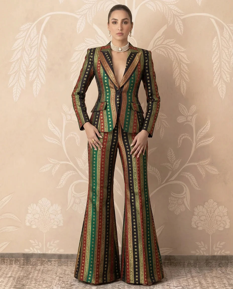 Multicolour Striped Brocade Blazer Pants Set - view 3
