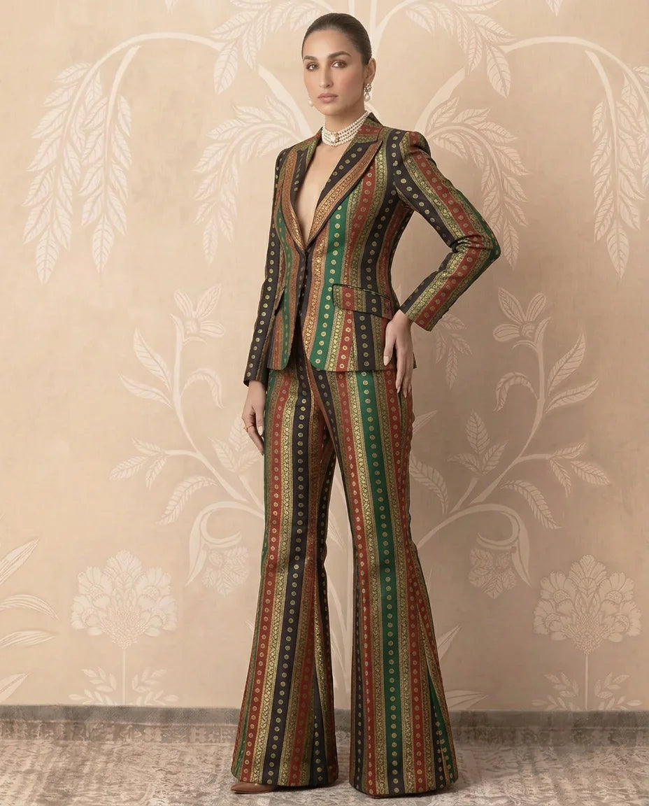 Multicolour Striped Brocade Blazer Pants Set - view 1