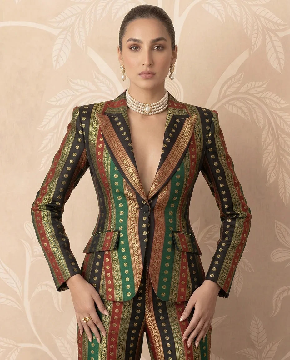 Multicolour Striped Brocade Blazer Pants Set - view 2