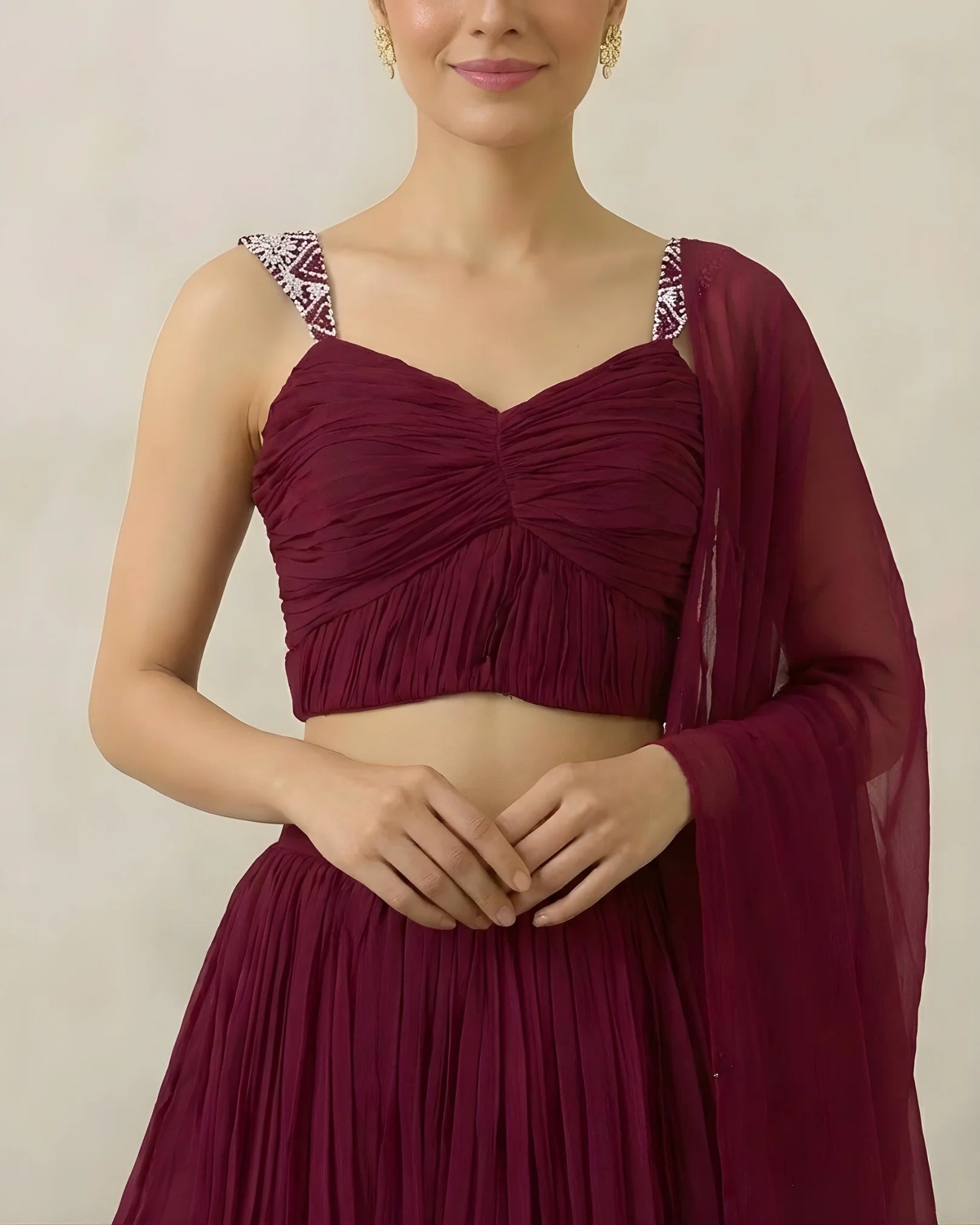 Purple-Wine Premium-Georgette Multi-Layered Lehenga, Blouse & Dupatta Set.