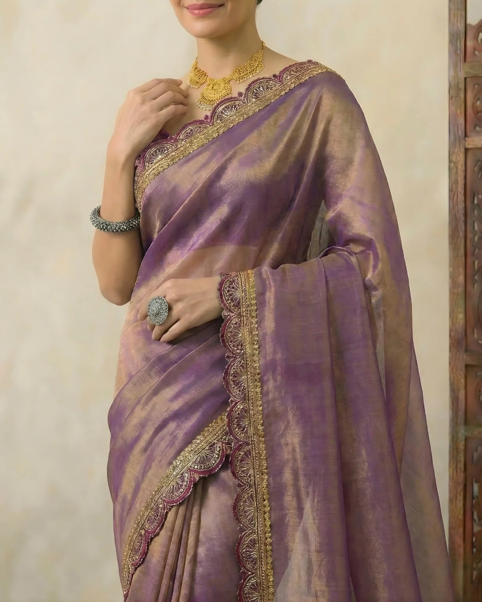 Lavender-Purple Cotton-Tissue Fancy-Border Handloom Bengal-Saree