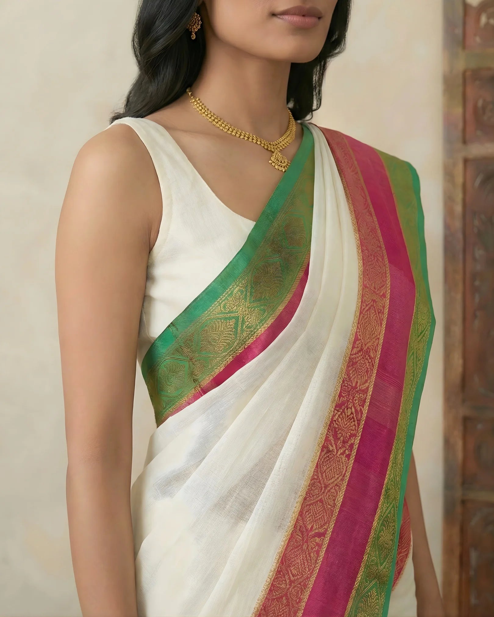 White-Green Pure-Cotton Zari-Woven-Border Bengal-Saree