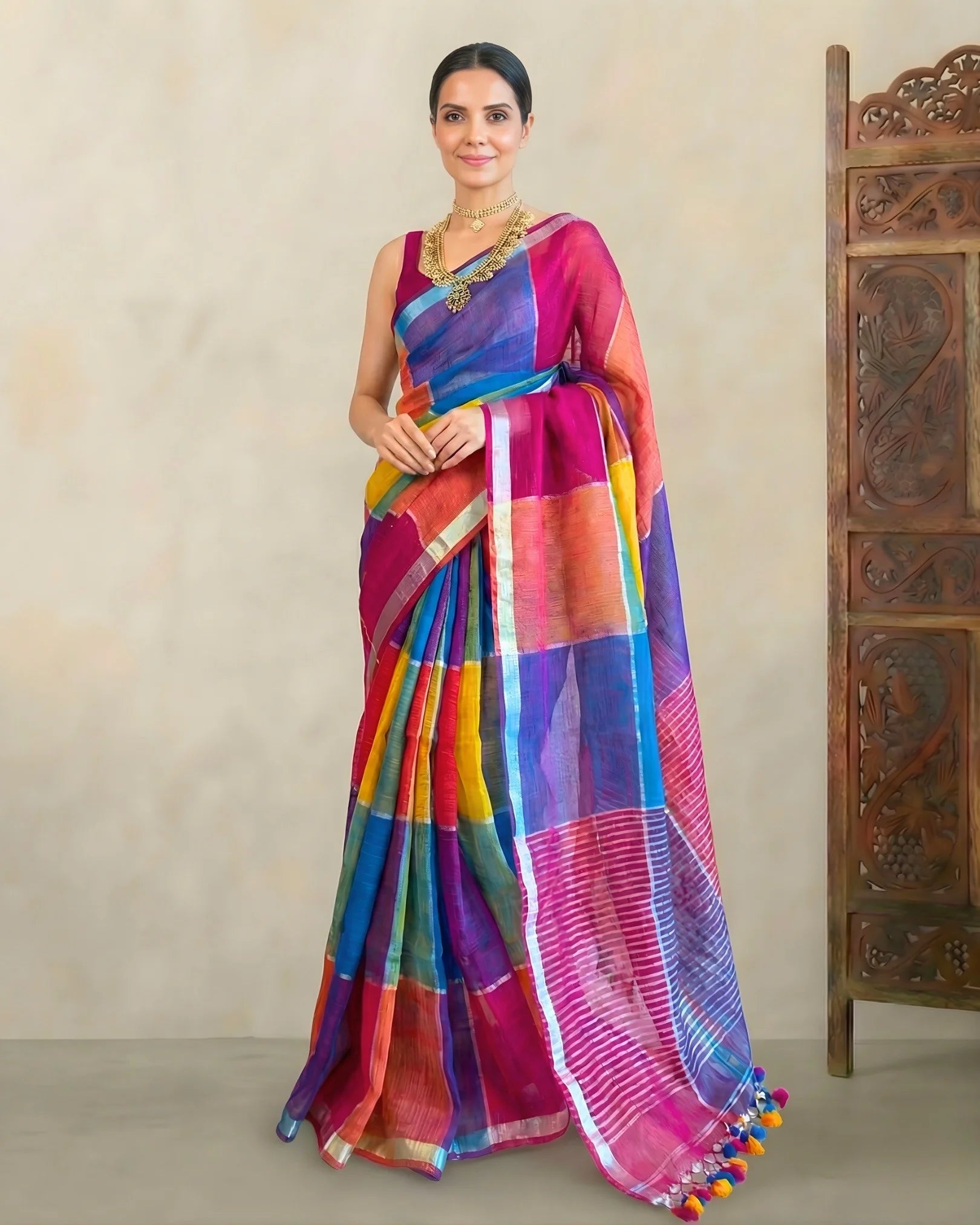 Multi-Colour Pure-Linen Zari-Border Handloom Bengal-Saree