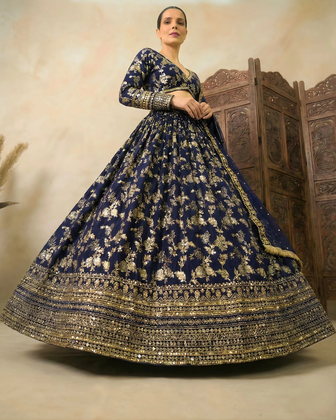 Navy Blue Brocade Sequin Pleated Lehenga Set - view 3