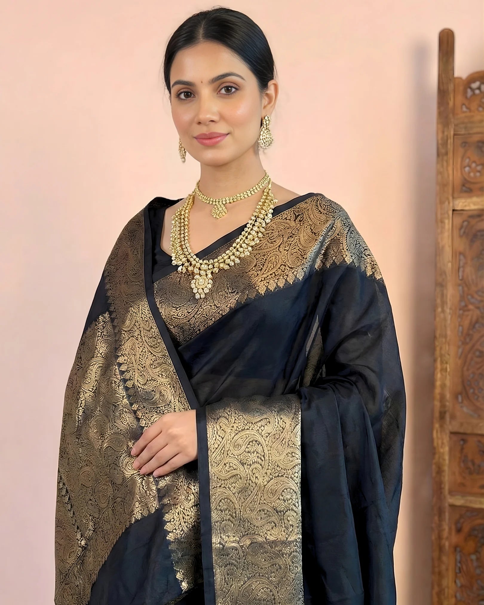 Black Silken-Cotton Grand-Zari-Weaving Banarasi-Saree