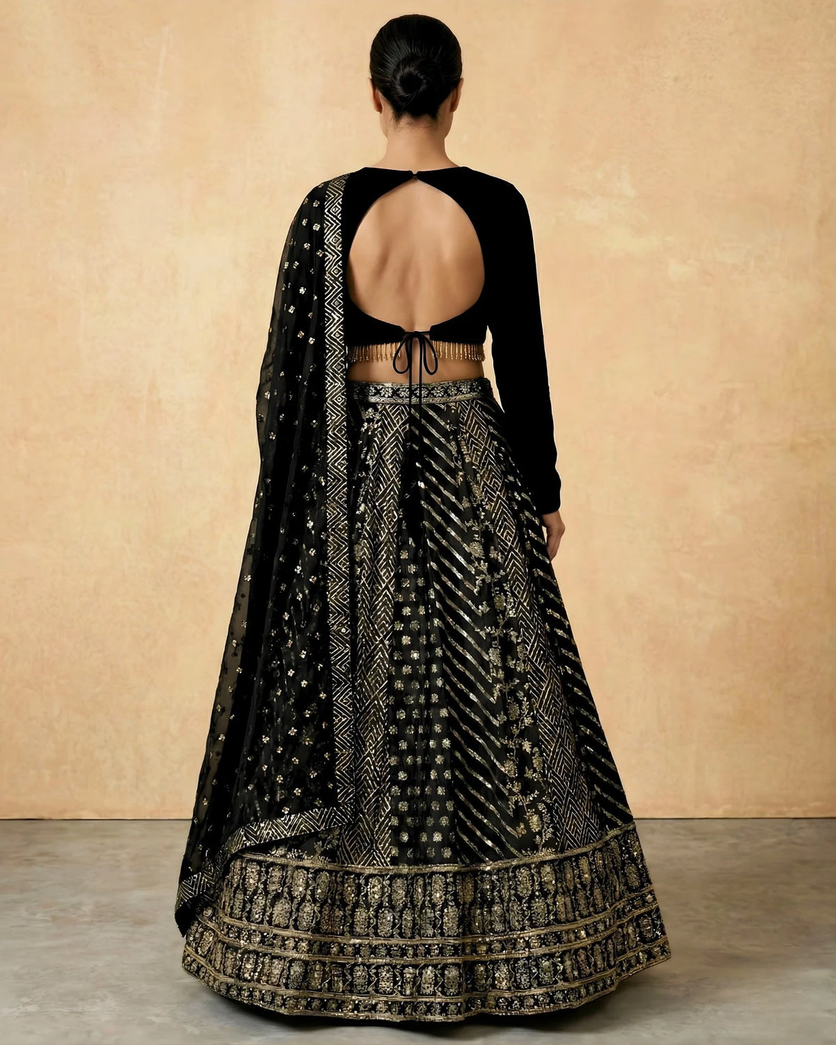 Black Brocade Mirror Work Lehenga Set - view 5