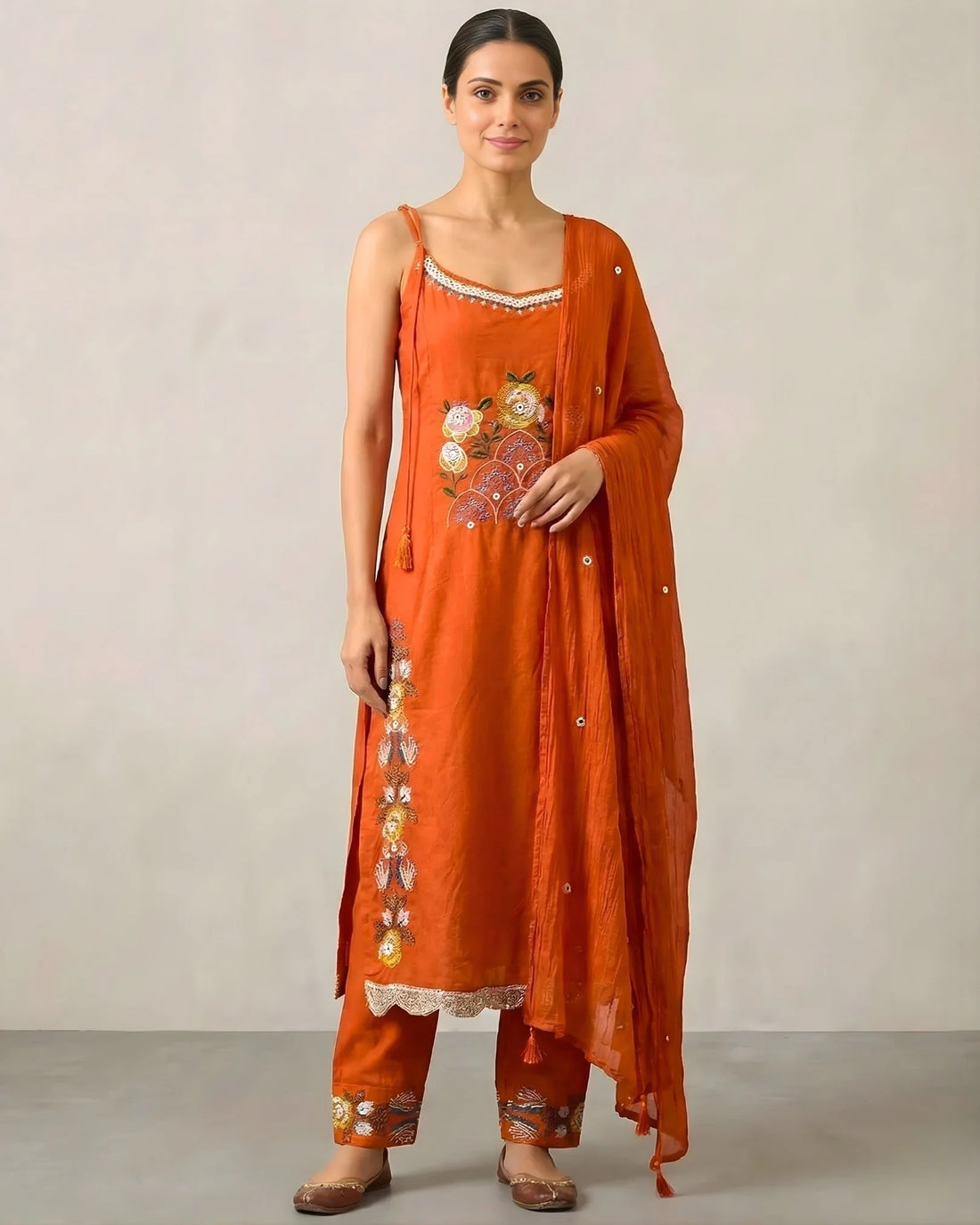 Orange Cotton Embroidered Kurti Pants Set - view 1
