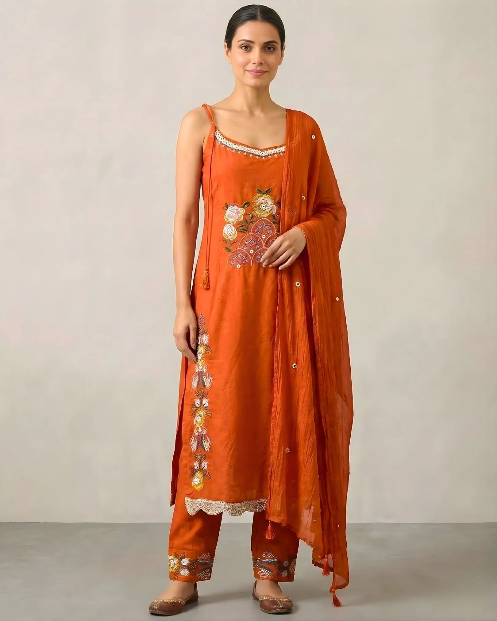 Orange Cotton-Slub Thread-Embroidery Kurti-Top , Pants, & Dupatta Set.