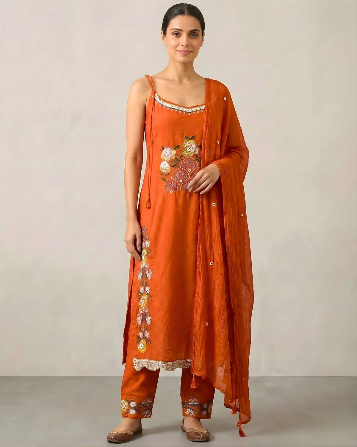 Orange Cotton Embroidered Kurti Pants Set - view 1