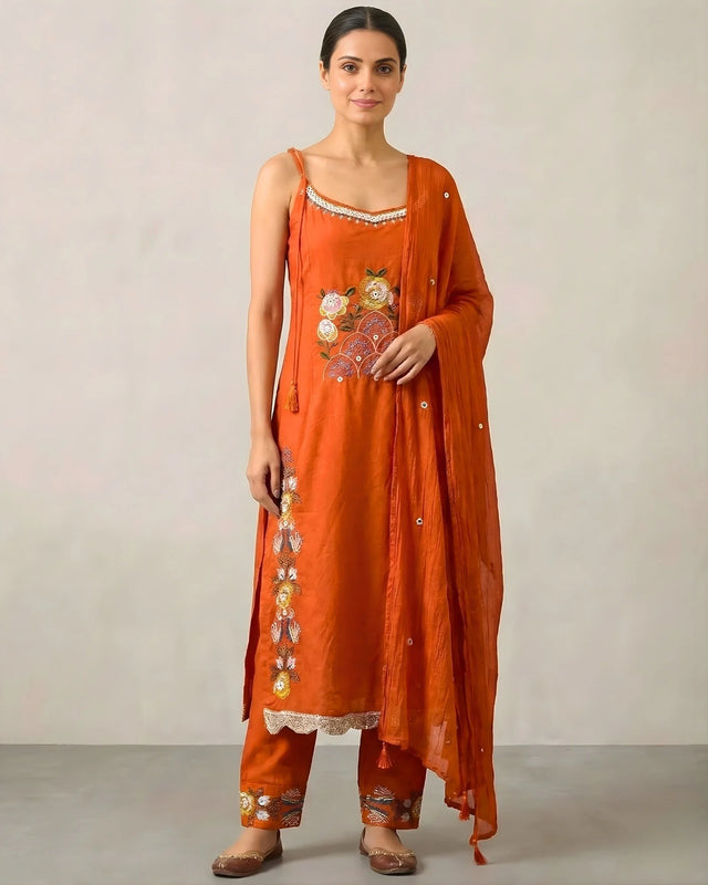 Orange Cotton Embroidered Kurti Pants Set - view 1