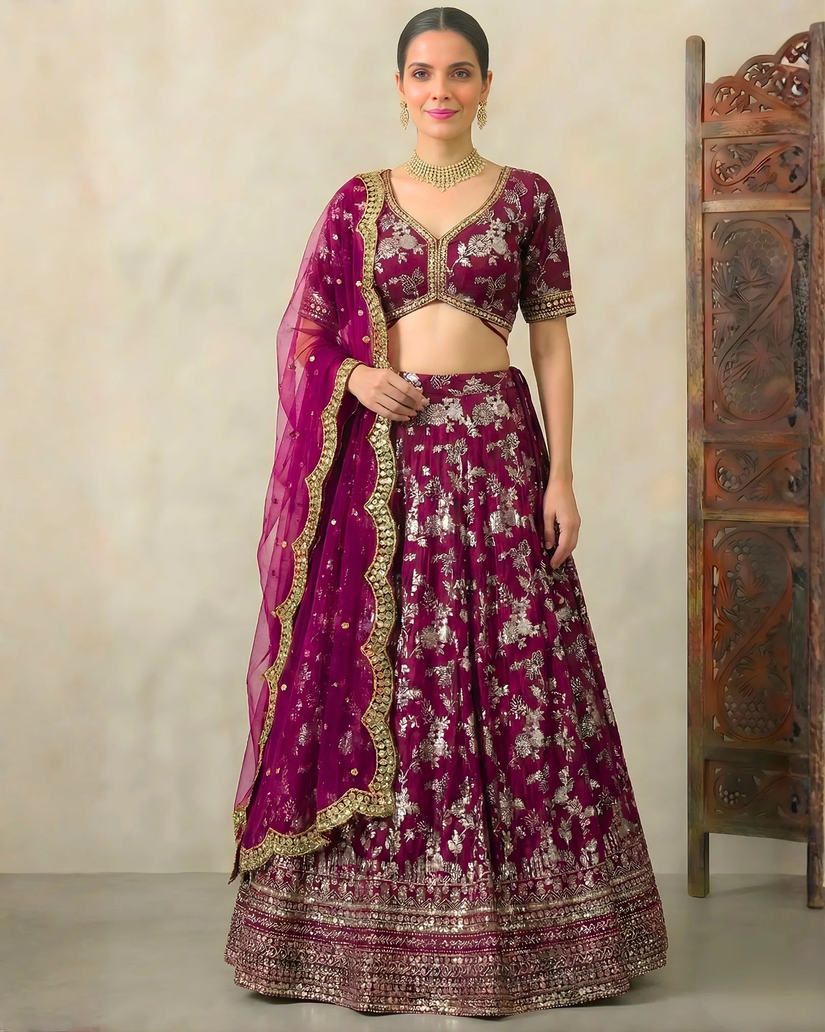 Wine Banarasi-Brocade Sequin-Embroidery Pleated Lehenga, Blouse & Dupatta Set.