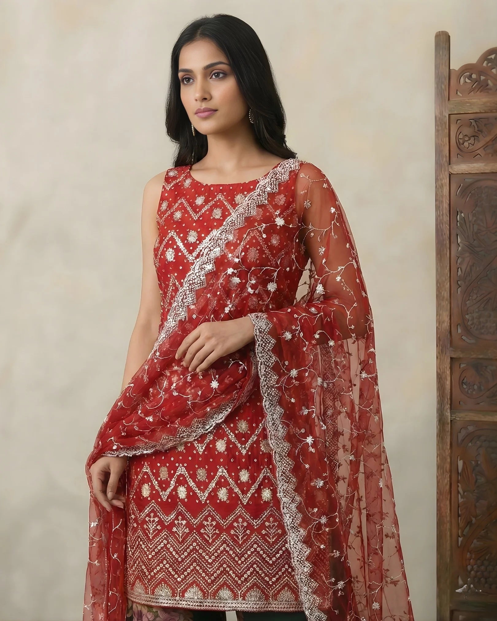 Blood-Red Banarasi-Brocade-Sequin-Embroidery  Kurti , Floral Palazzo & Dupatta Set.